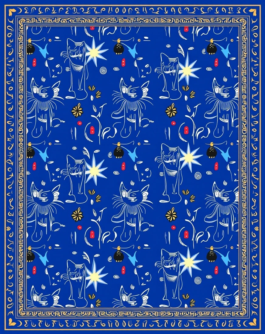 Whimsical Blue Cat Star Pattern Rug