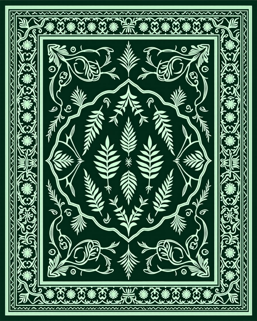 Elegant Green Floral Gilded Pattern Rug