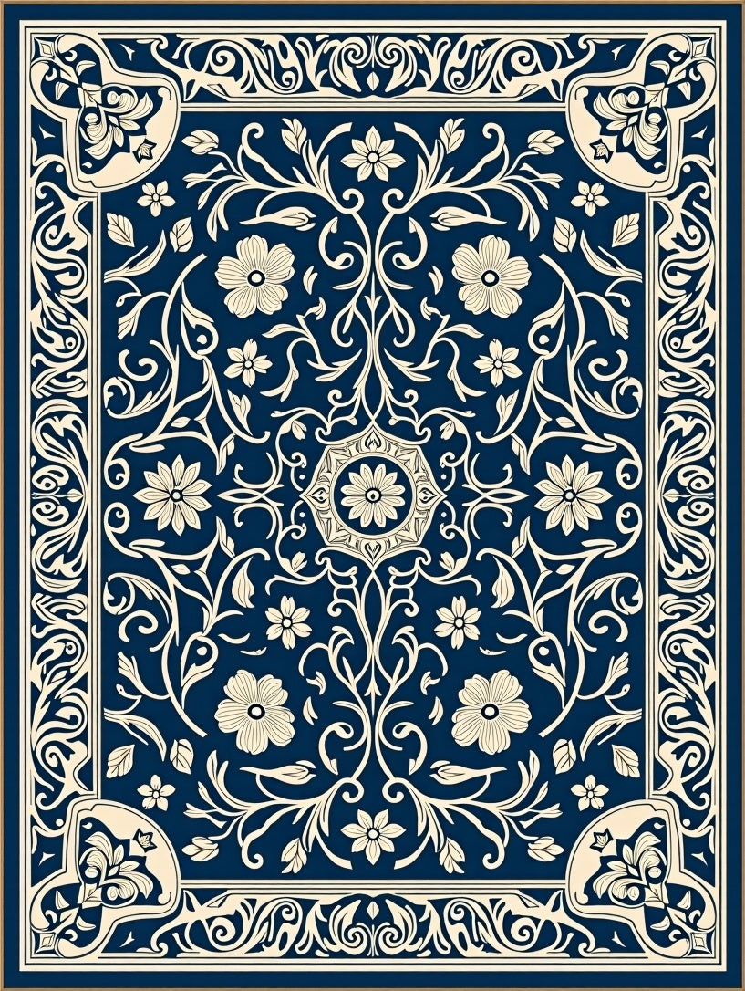 Intricate Floral Blue Cream Vintage Pattern Rug