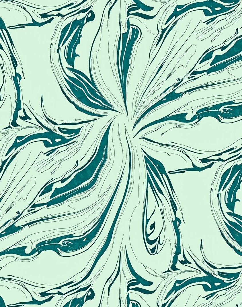 Abstract Teal Swirls on Light Green Rug
