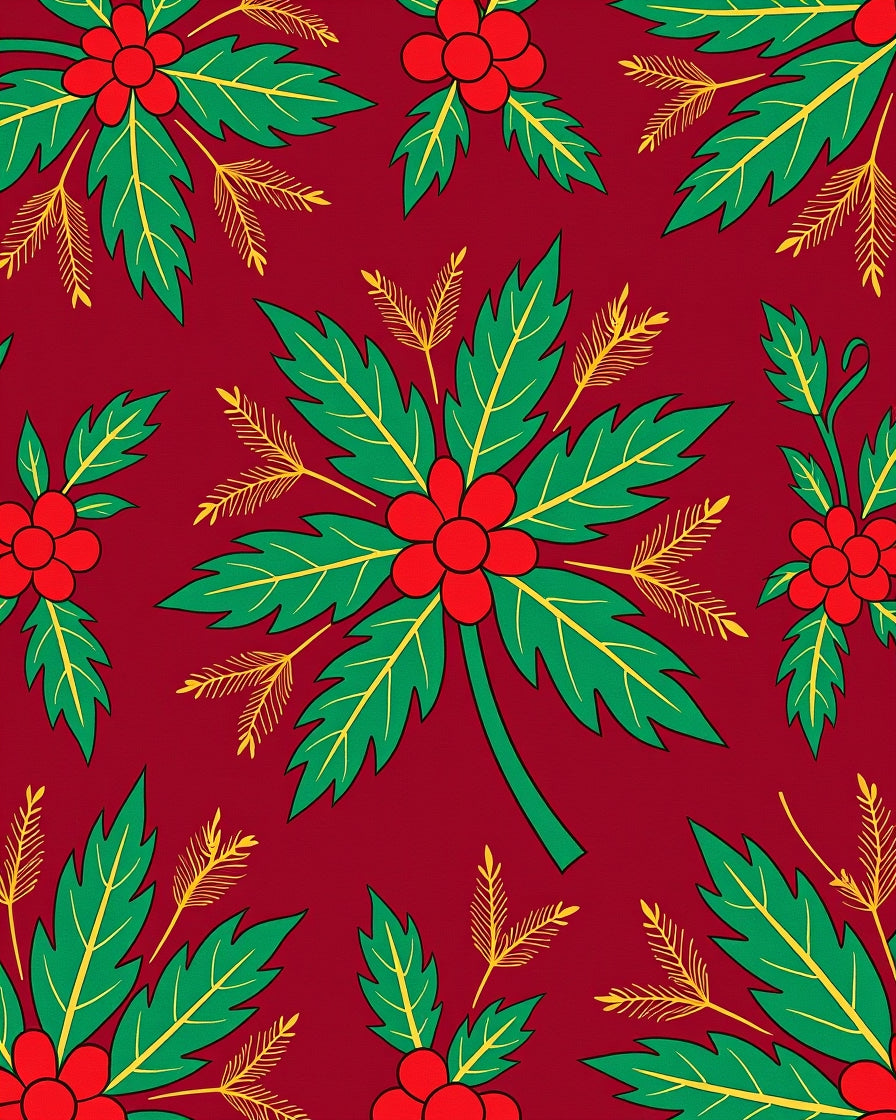 Bold Red Floral Leaf Pattern Rug
