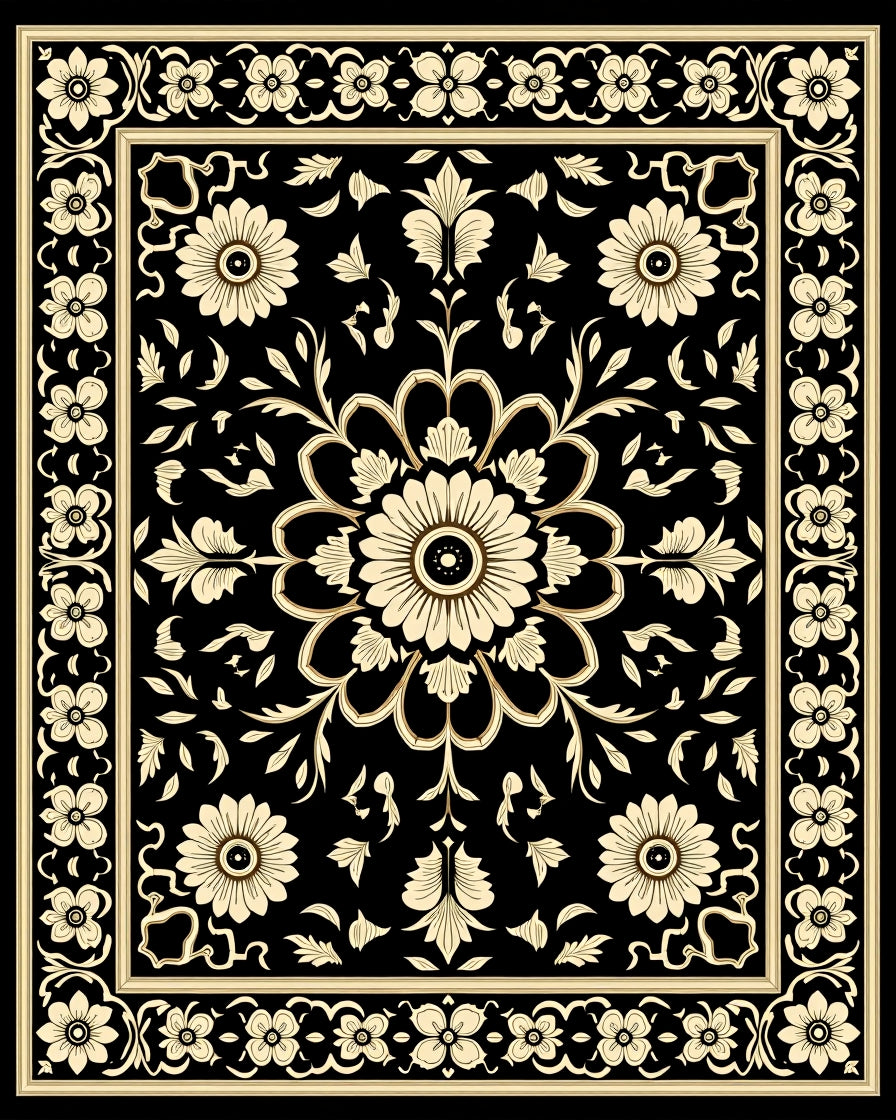 Ornate Floral Black Cream Pattern Rug