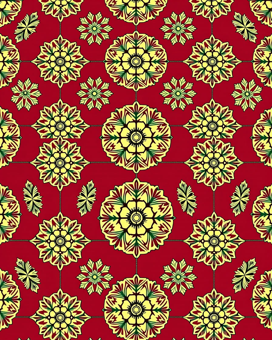 Red Yellow Floral Medallion Pattern Rug