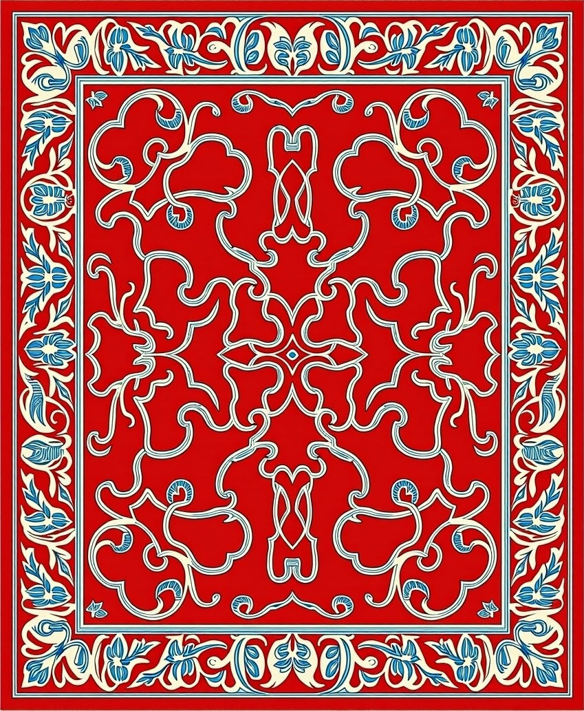 Red Floral Swirl Detailed Border Rug
