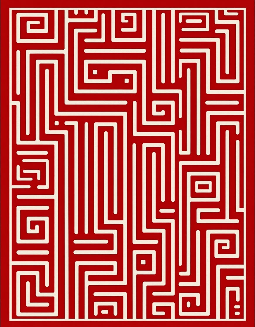 Bold Red Maze Geometric Pattern Rug