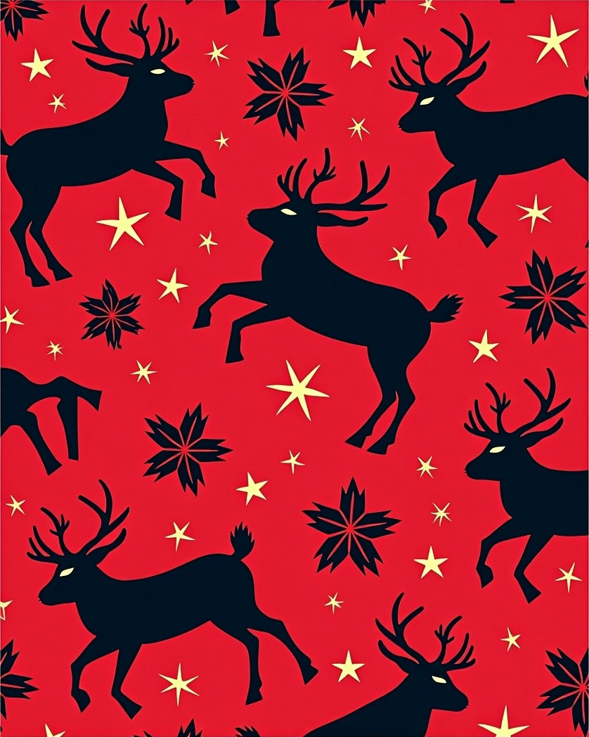 Red Black Deers With Stars Pattern Rug