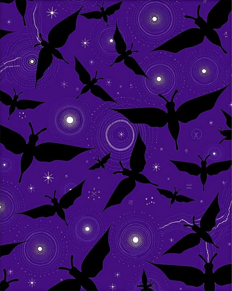 Whimsical Black Butterflies on Starry Purple Rug