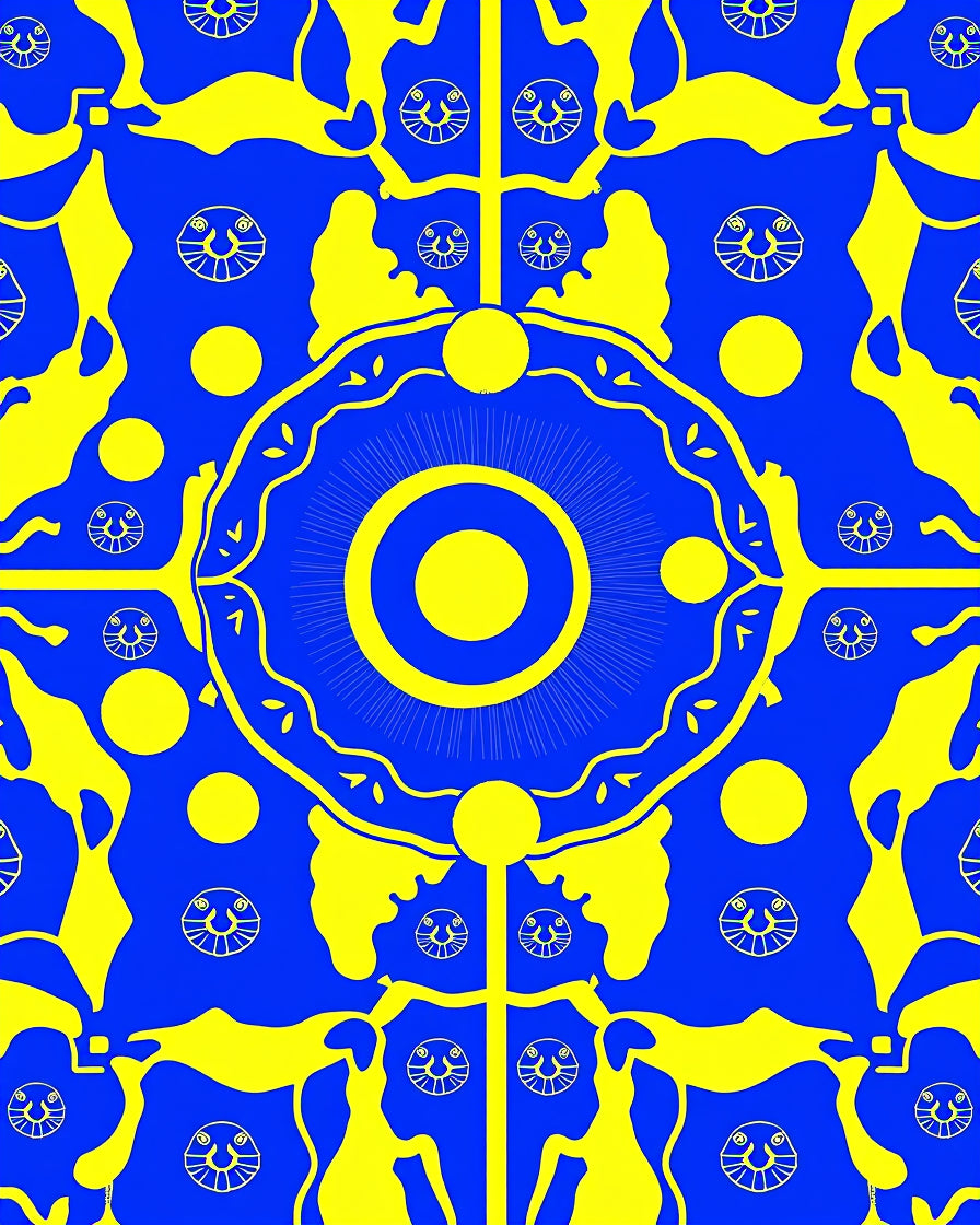 Bold Yellow And Blue Abstract Sunburst Face Rug