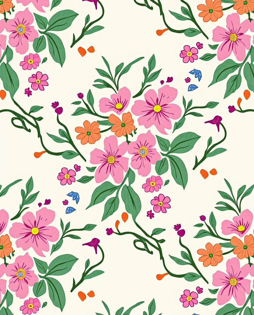 Drawn Floral Pattern with Pink and Orange Blooms Rug