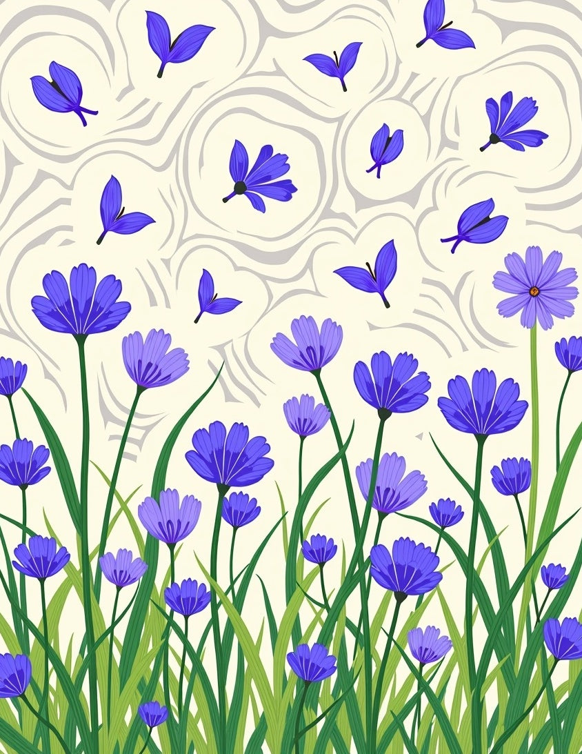 Vibrant Blue Floral Meadow Pattern Rug