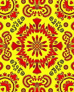 Vibrant Red Sunburst Floral Pattern Rug