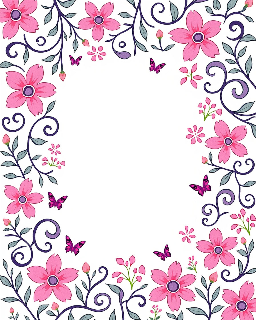 Bright Pink Floral Swirl Butterfly Design Rug