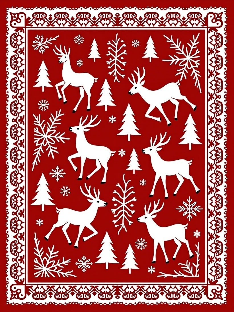 Winter Woodland 7 Deer Snowflake Pattern Rug