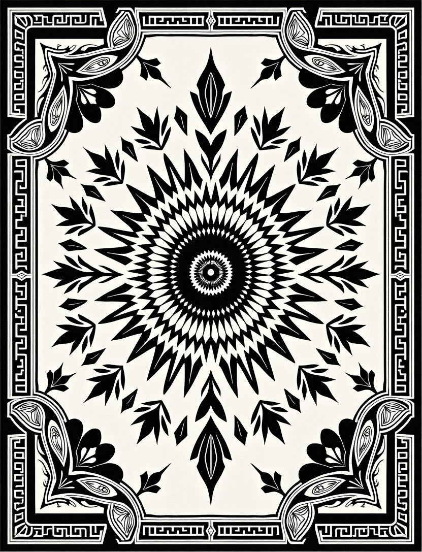 Black White Sunburst Geometric Pattern Rug