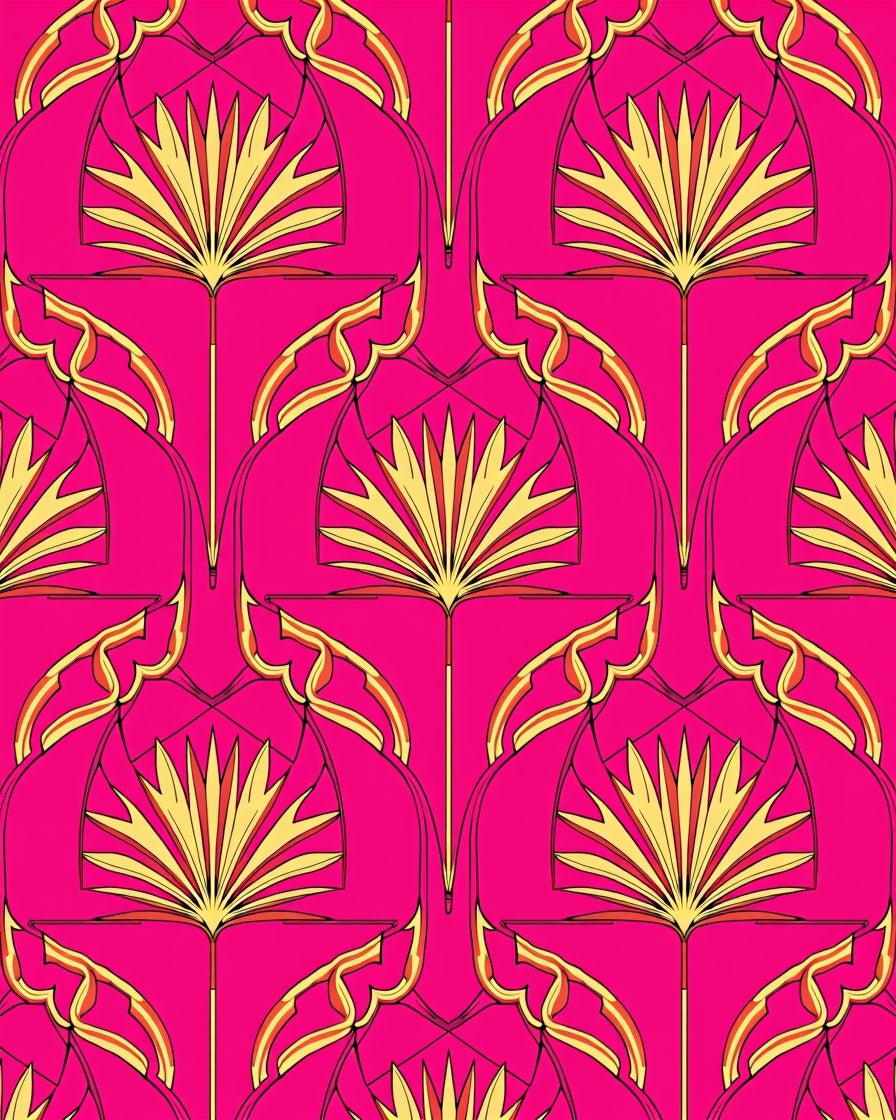 Vibrant Pink Golden Fan Pattern Design Rug