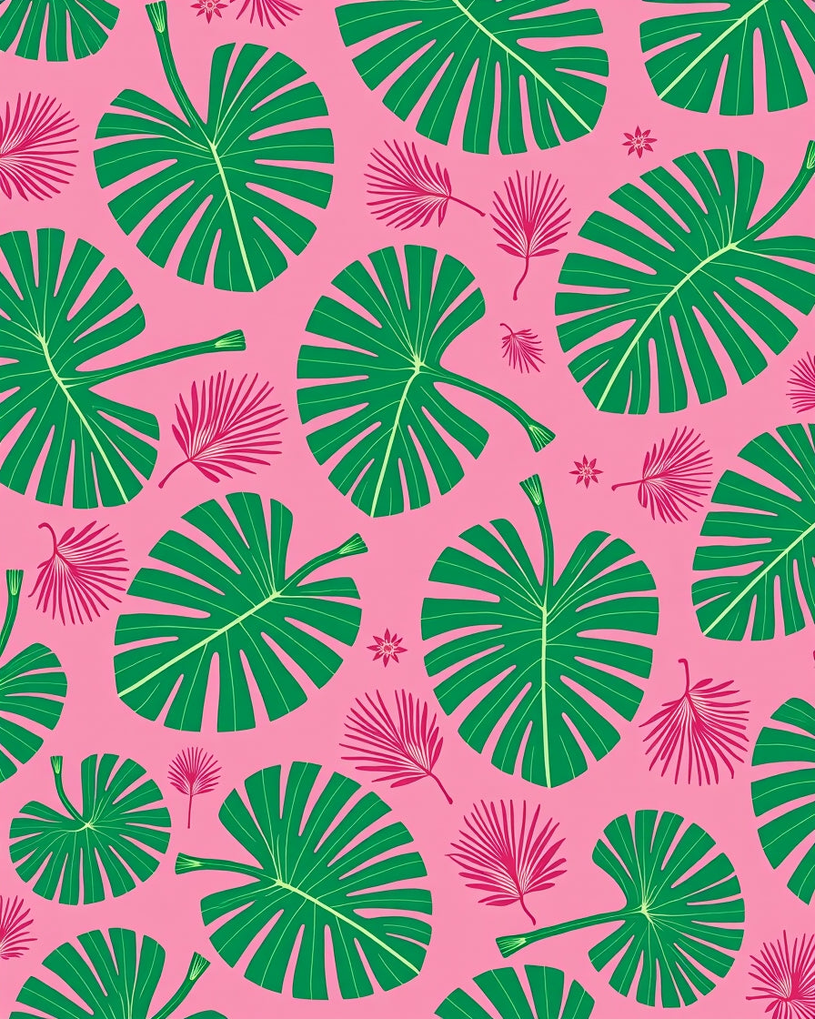 Vibrant Green Tropical Pink Leaves Rug