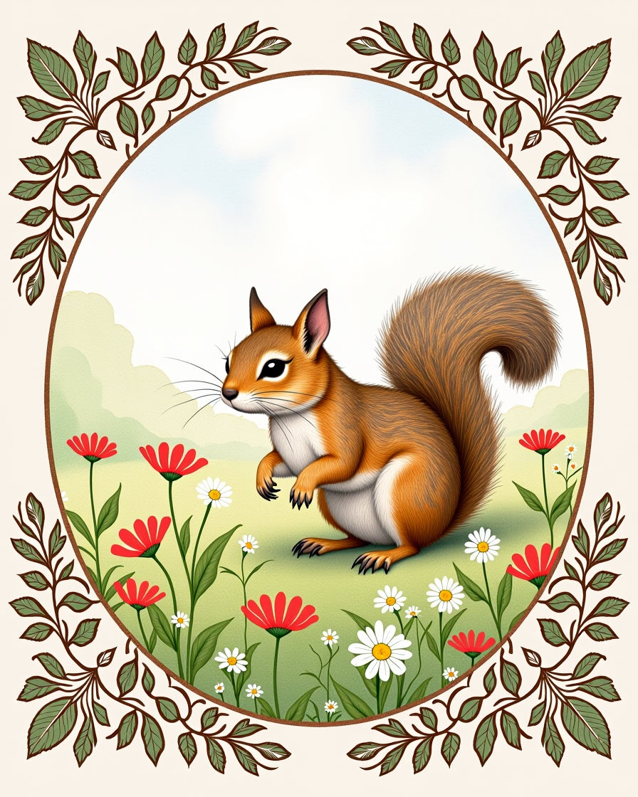 Whimsical Squirrel Floral Vintage Garden Rug