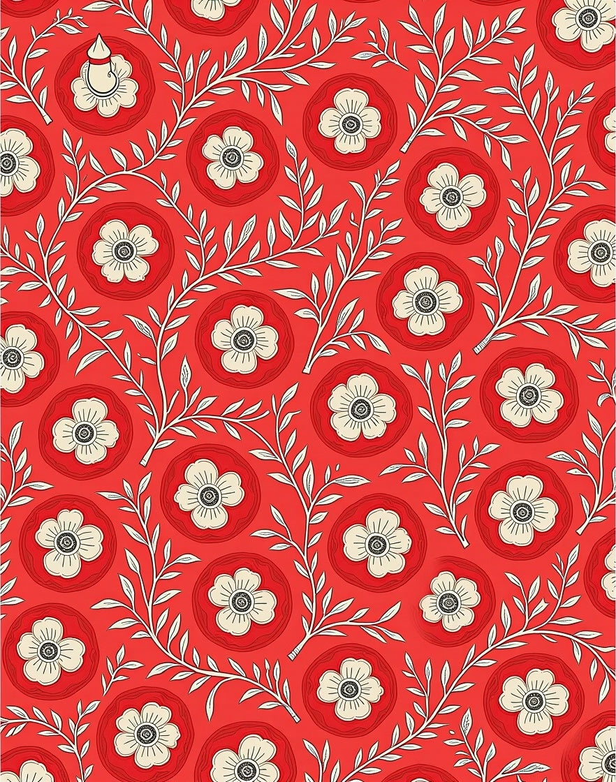 Red Floral Leaf Pattern Rug