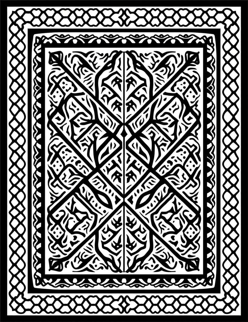 Intricate Black White Geometric Patterned Rug