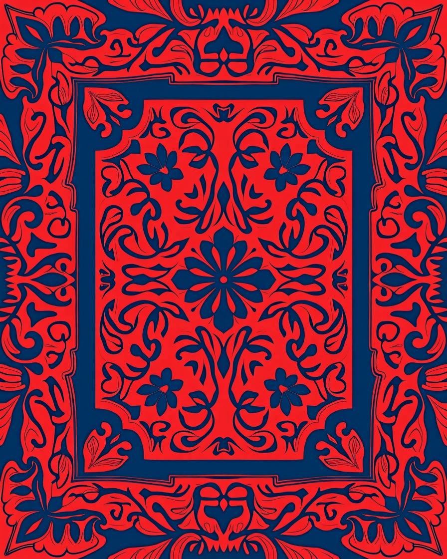 Ornate Red Blue Floral Scrollwork Rug