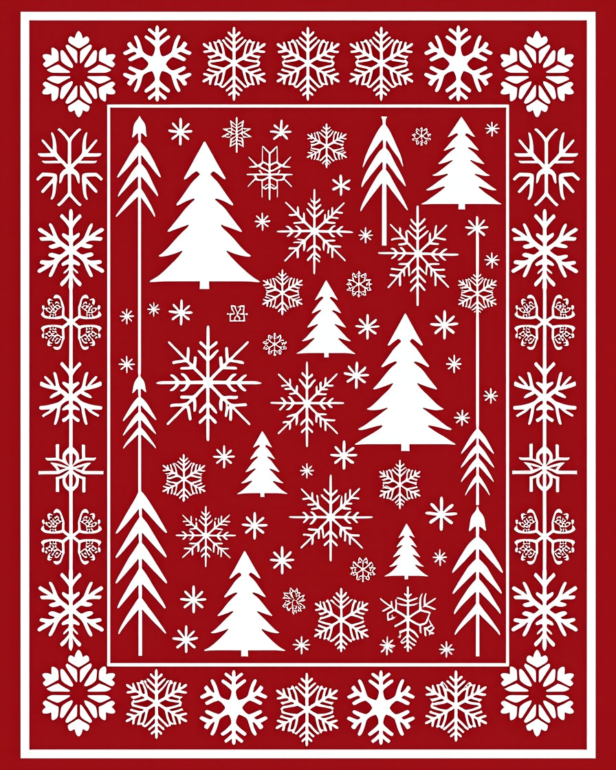 Red Snowflake Tree Patterned Rug