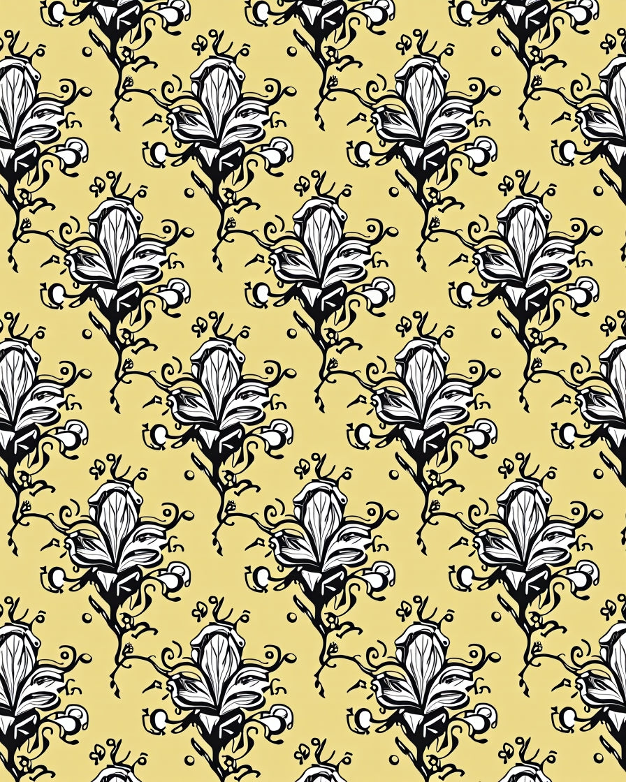 Black White Floral Vine Pattern Rug
