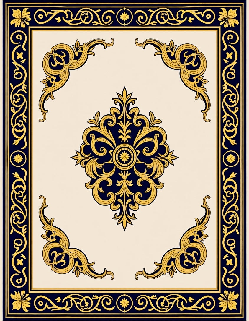 Elegant Gold Blue Scrollwork Design Rug