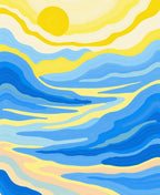 Abstract Wavy Blue Yellow Sun Design Rug