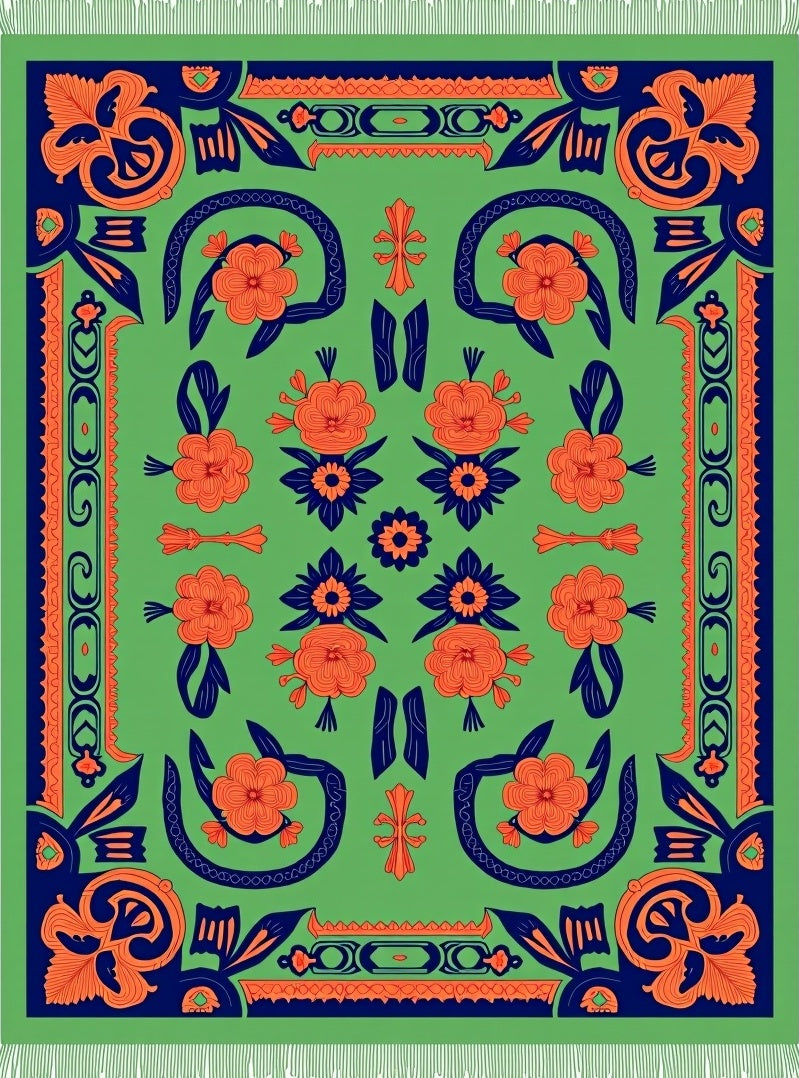 Vibrant Orange Floral Border Rug