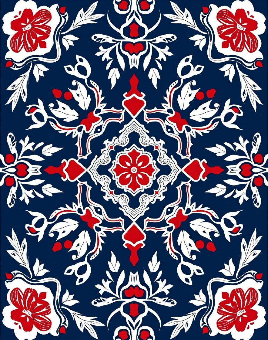 Deep Blue Red White Floral Medallion Rug