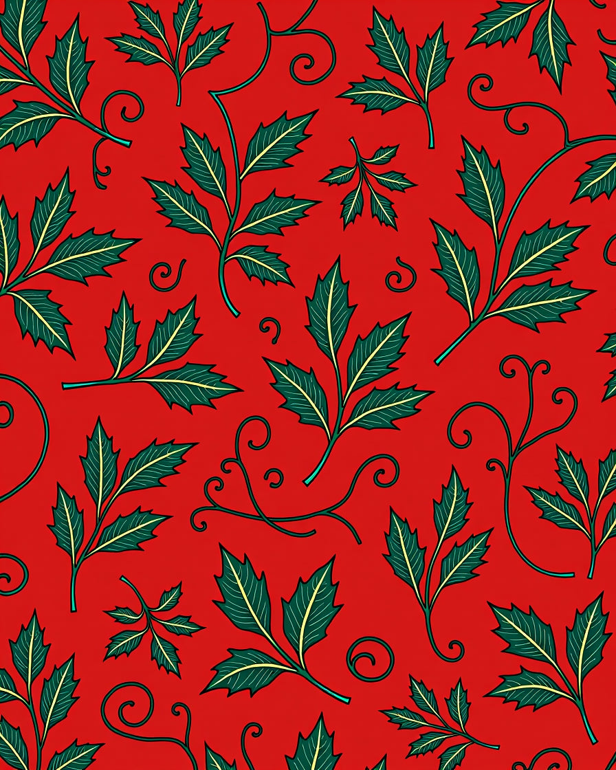 Vibrant Red Green Leaf Swirl Pattern Rug