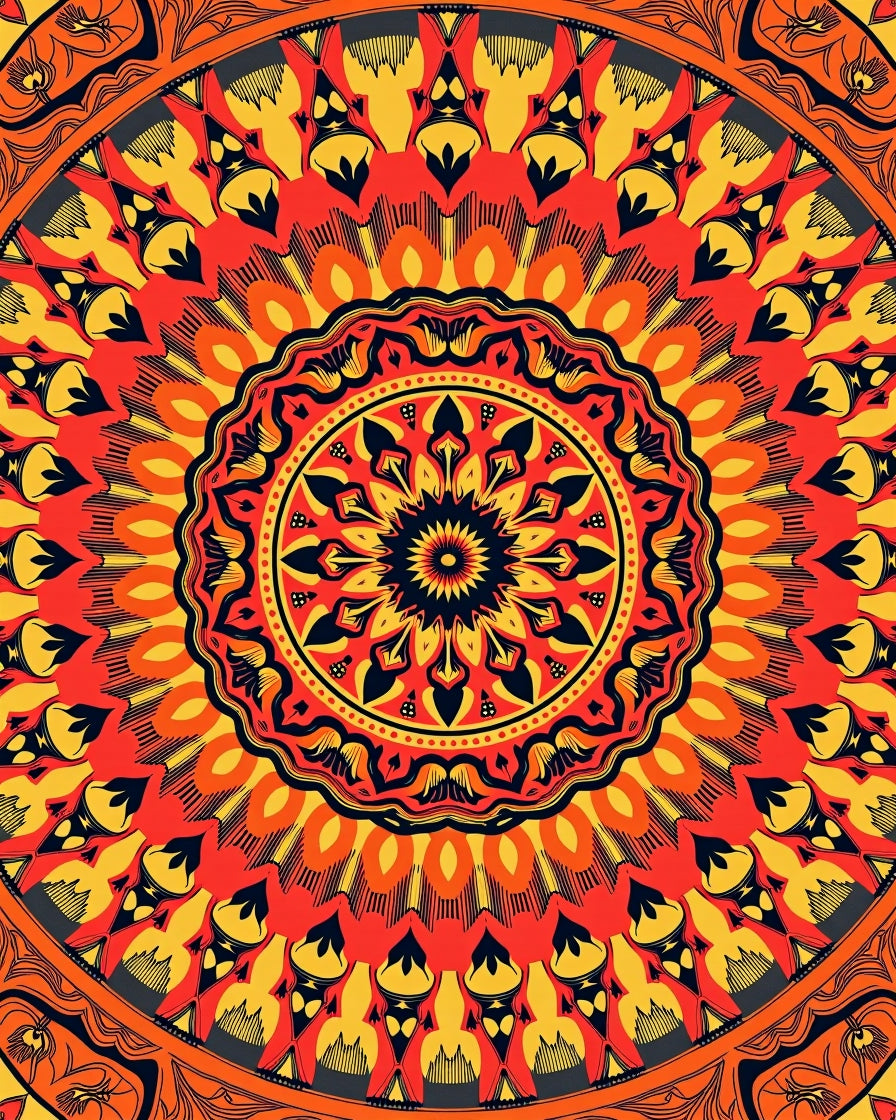 Vibrant Orange Yellow Floral Mandala Design Rug