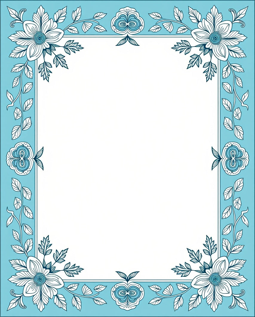 Blue Floral Vine Elegant Frame Rug