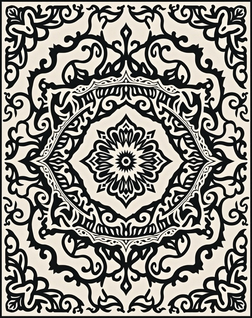 Elaborate Black Floral Scrollwork Design Rug
