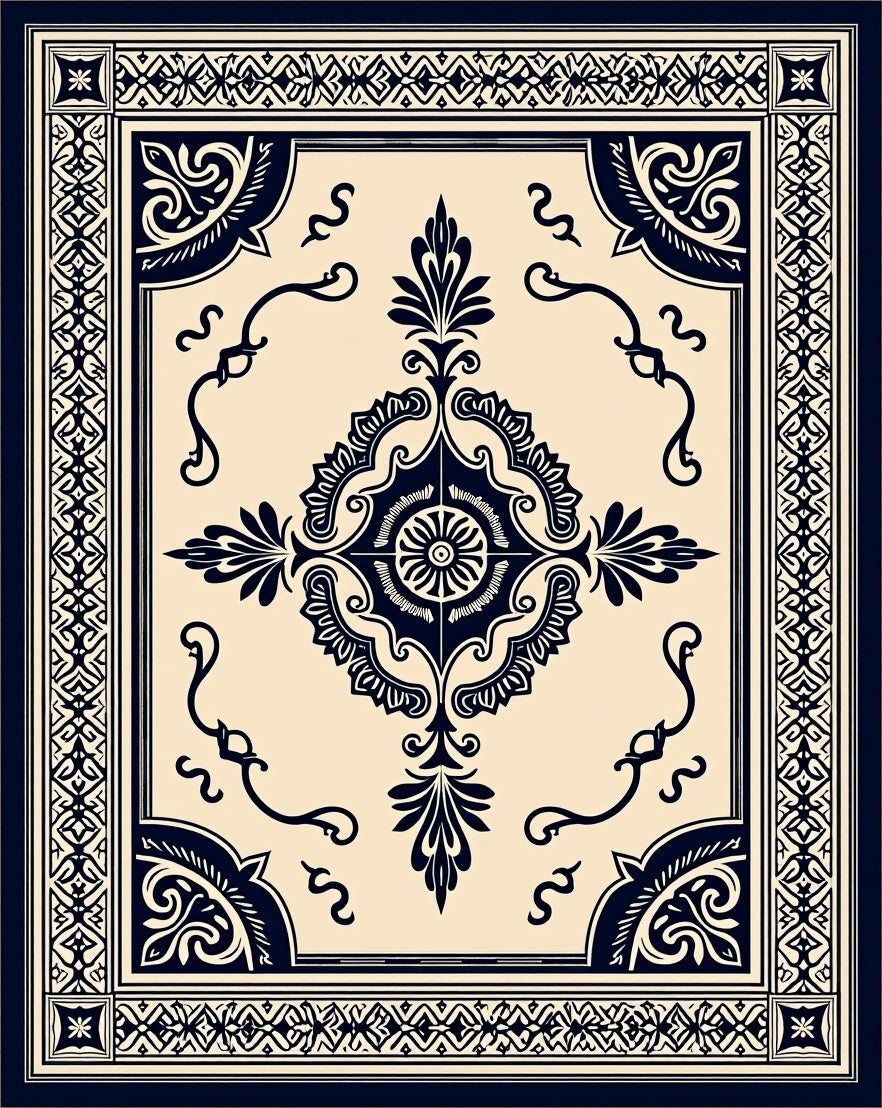 Classic Dark Blue Medallion Pattern Rug