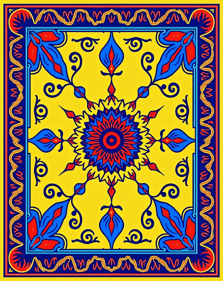 Vibrant Yellow Blue Floral Medallion Rug