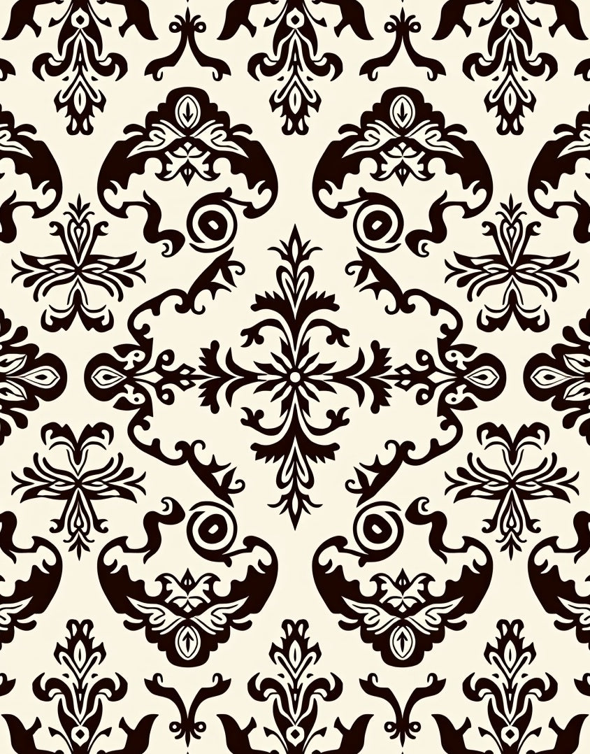 Ornate Black Damask Floral Ivory Rug