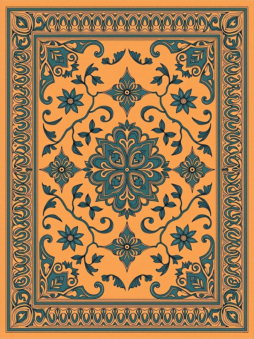 Orange Teal Floral Medallion Pattern Rug