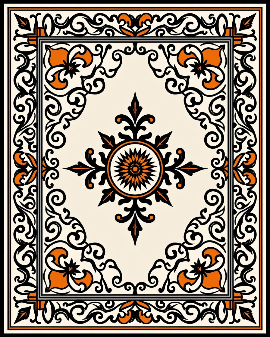 Ornate Black Orange Floral Scroll Rug