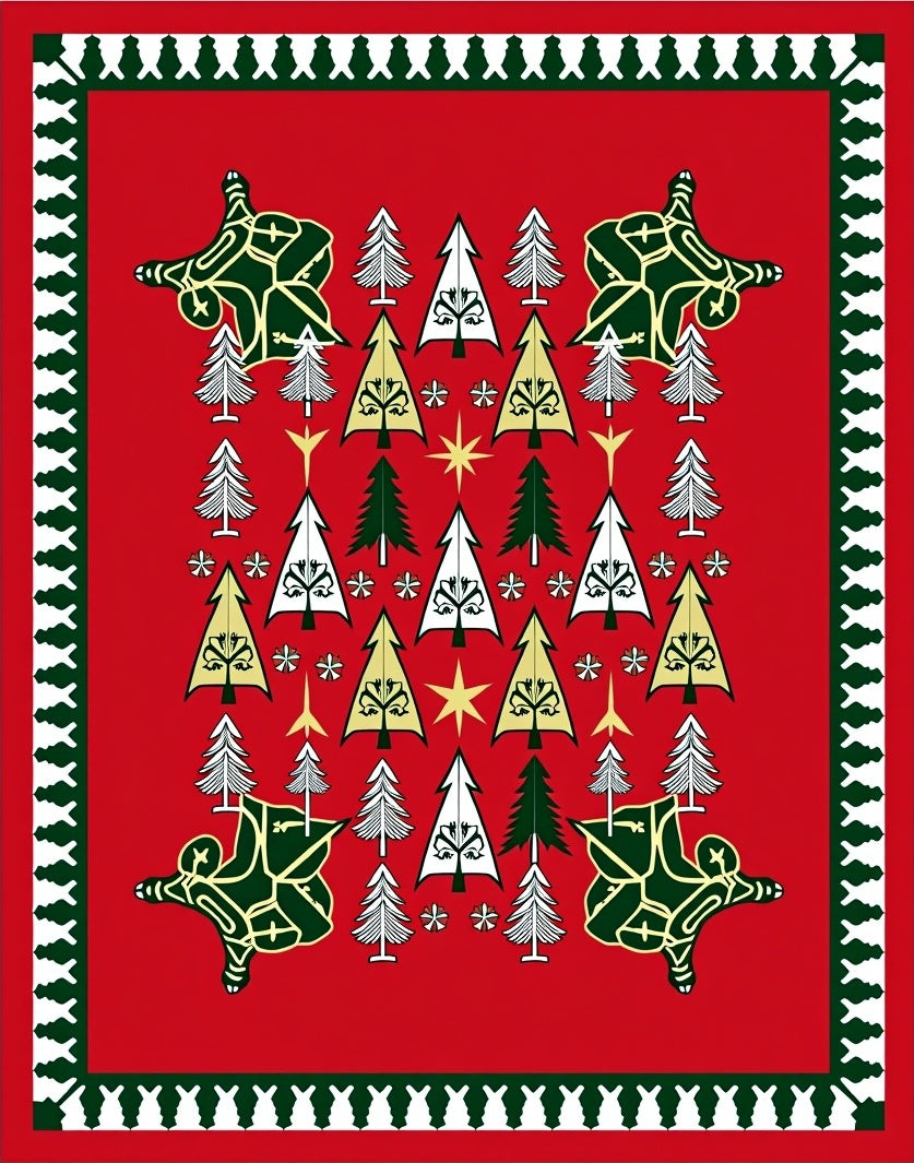 Red Festive Trees Animals Design Rug