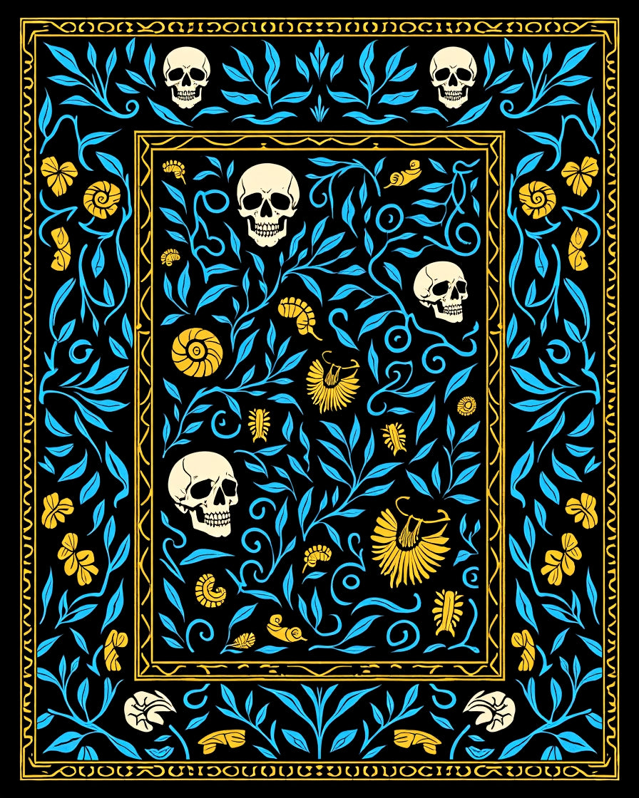 Midnight Black Skull Floral Accent Rug