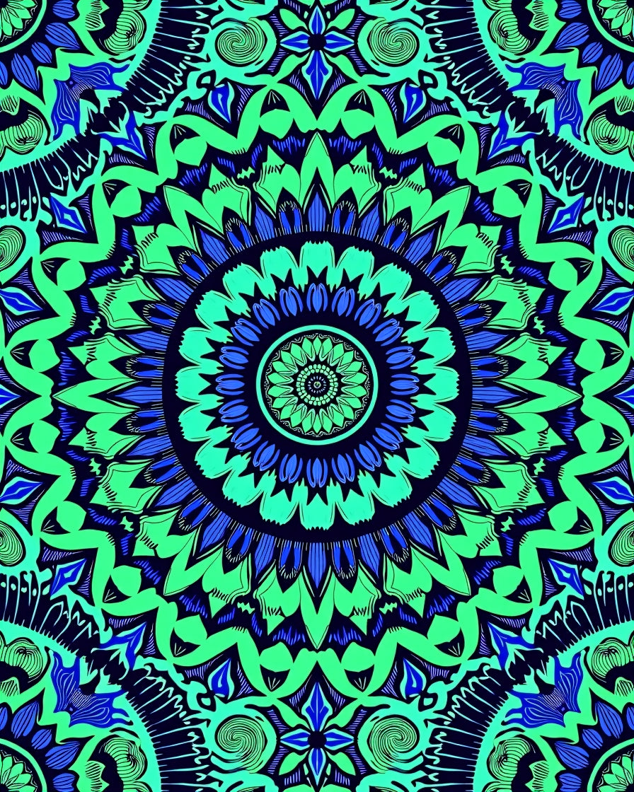 Symmetrical Blue Green Mandala Pattern Rug