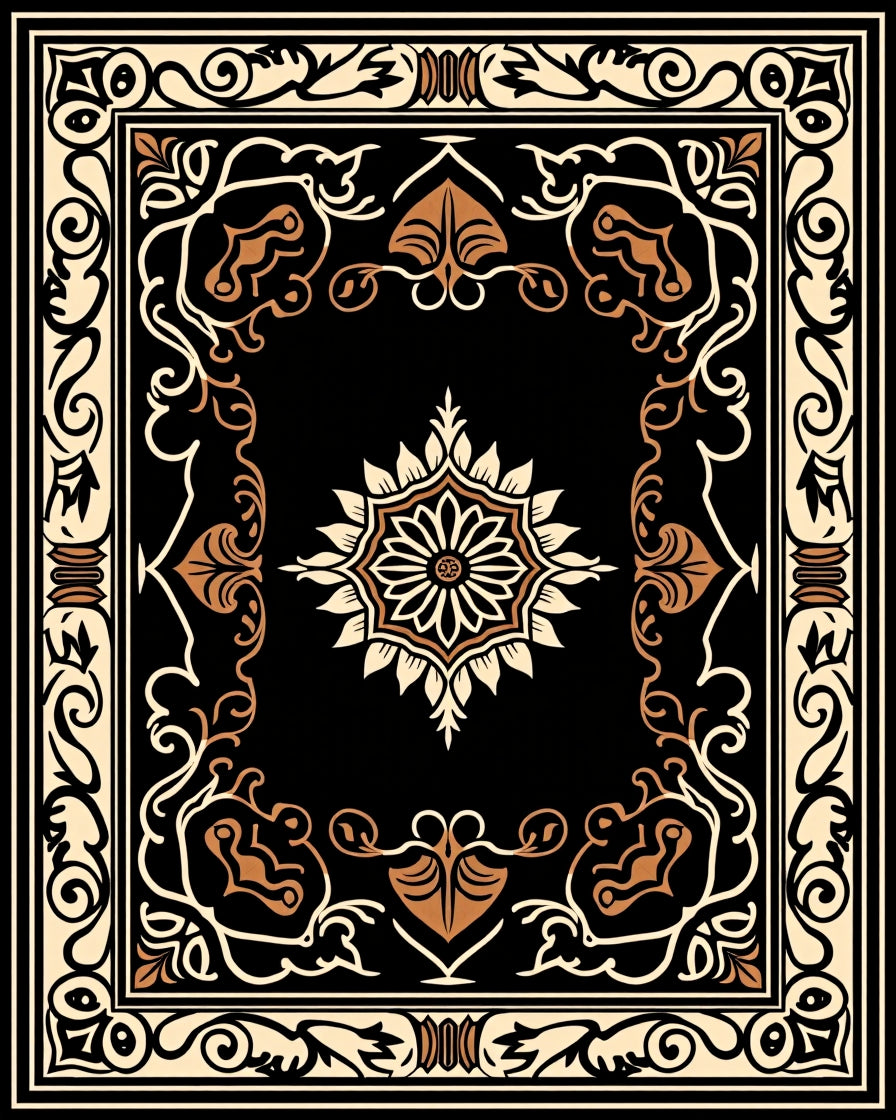Ornate Floral Medallion Black Cream Rug
