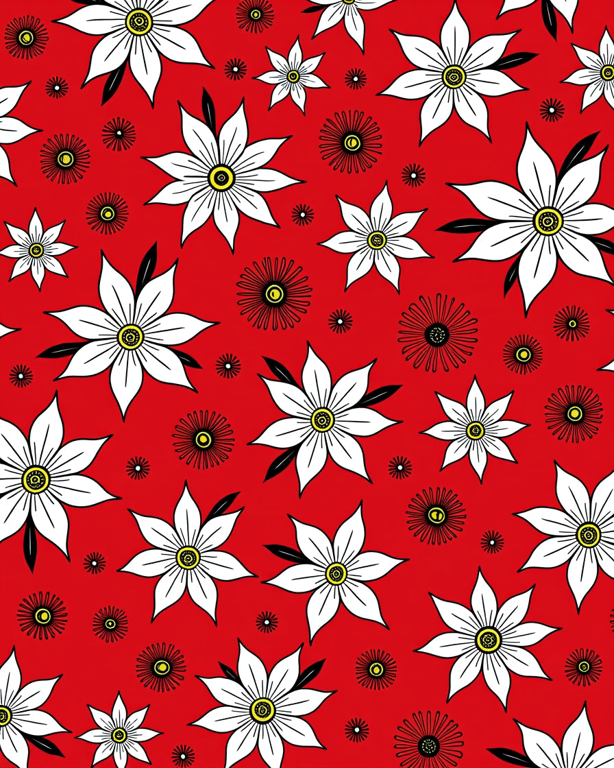 Bold Red Floral Illustration Pattern Rug