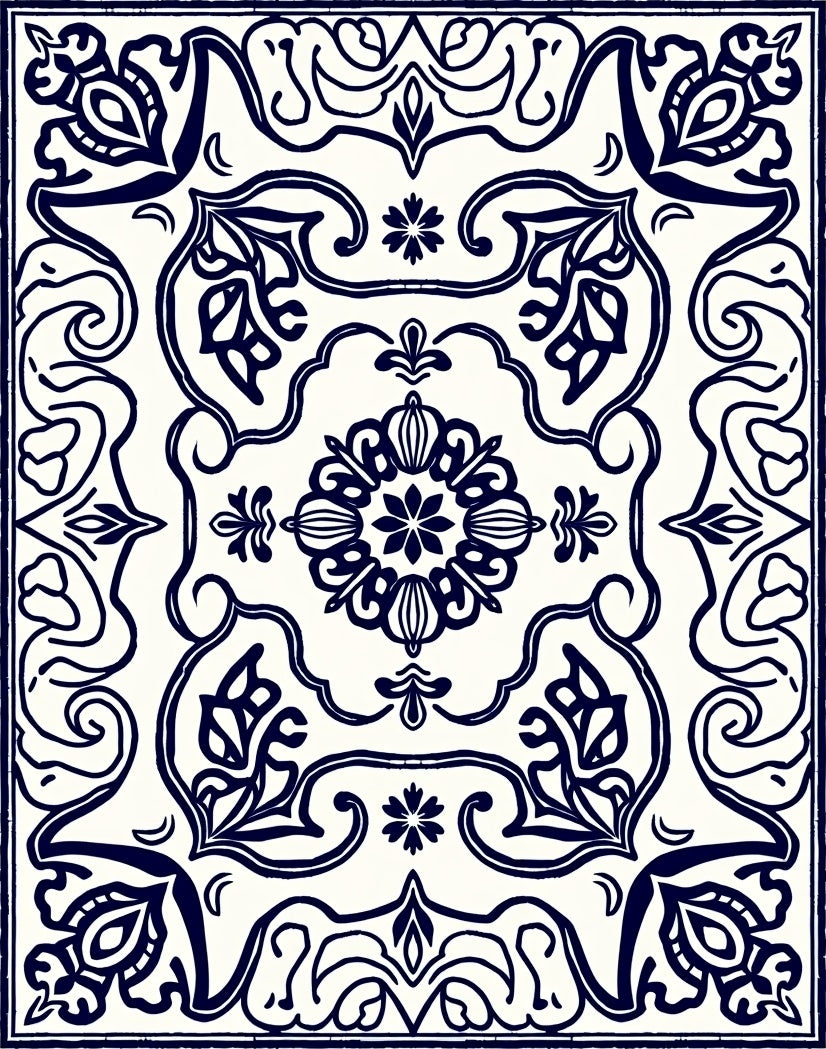 Classic Navy Floral Ornate Pattern Rug