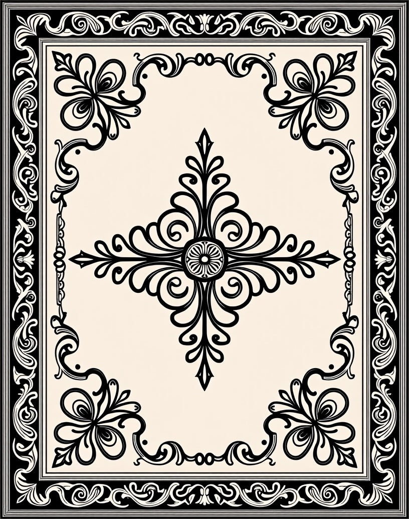Ornate Black Floral Swirl Pattern Rug