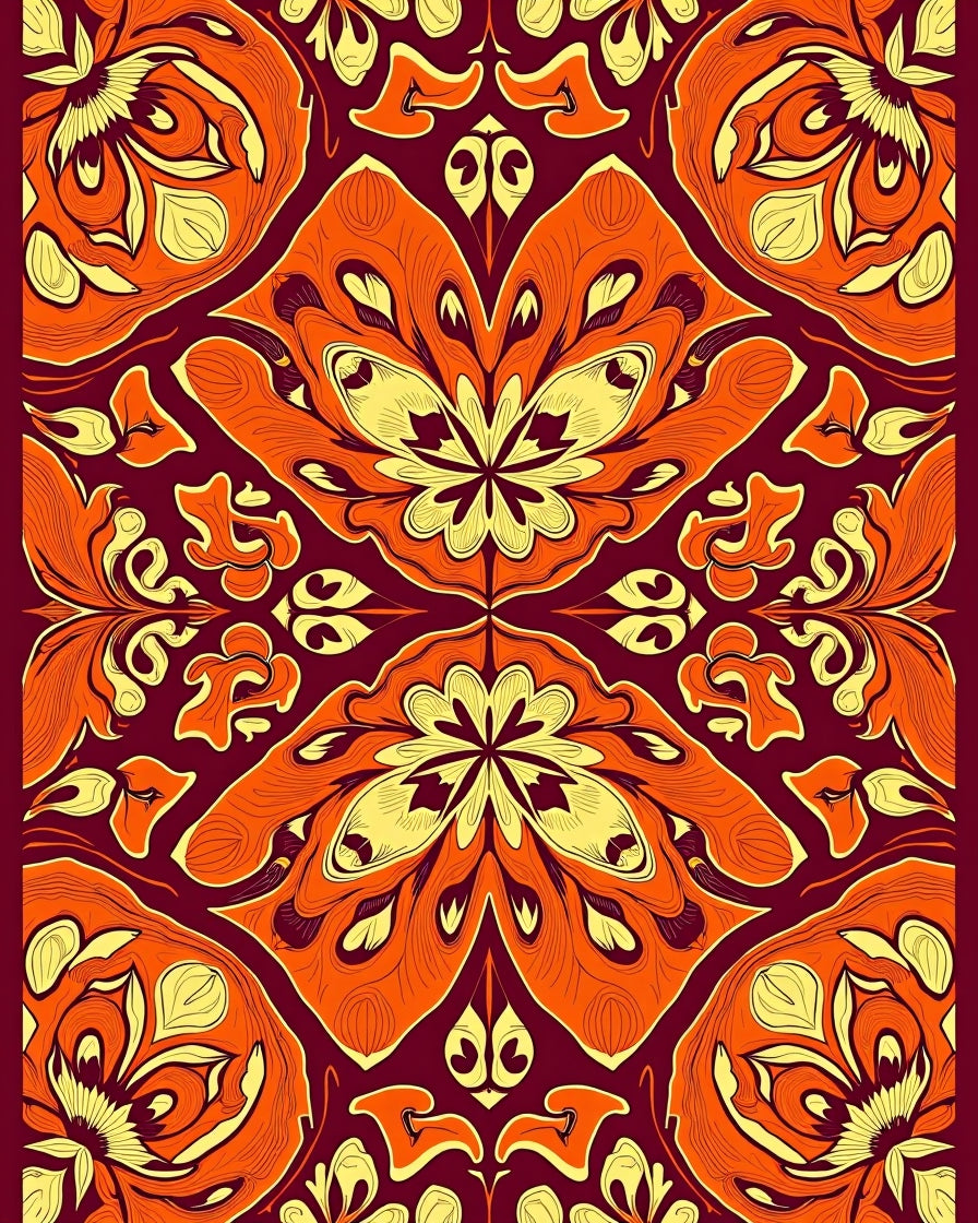 Maroon Orange Yellow Floral Art Rug