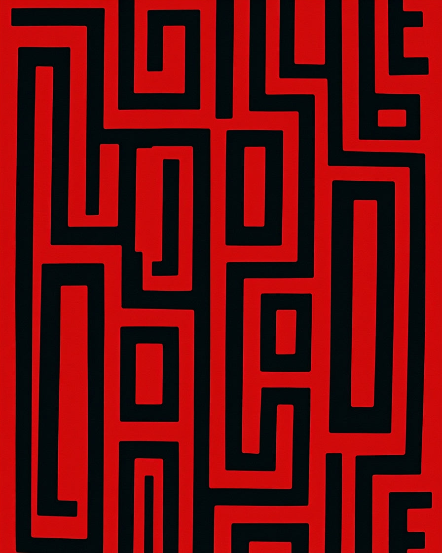 Geometric Maze Red Black Pattern Rug