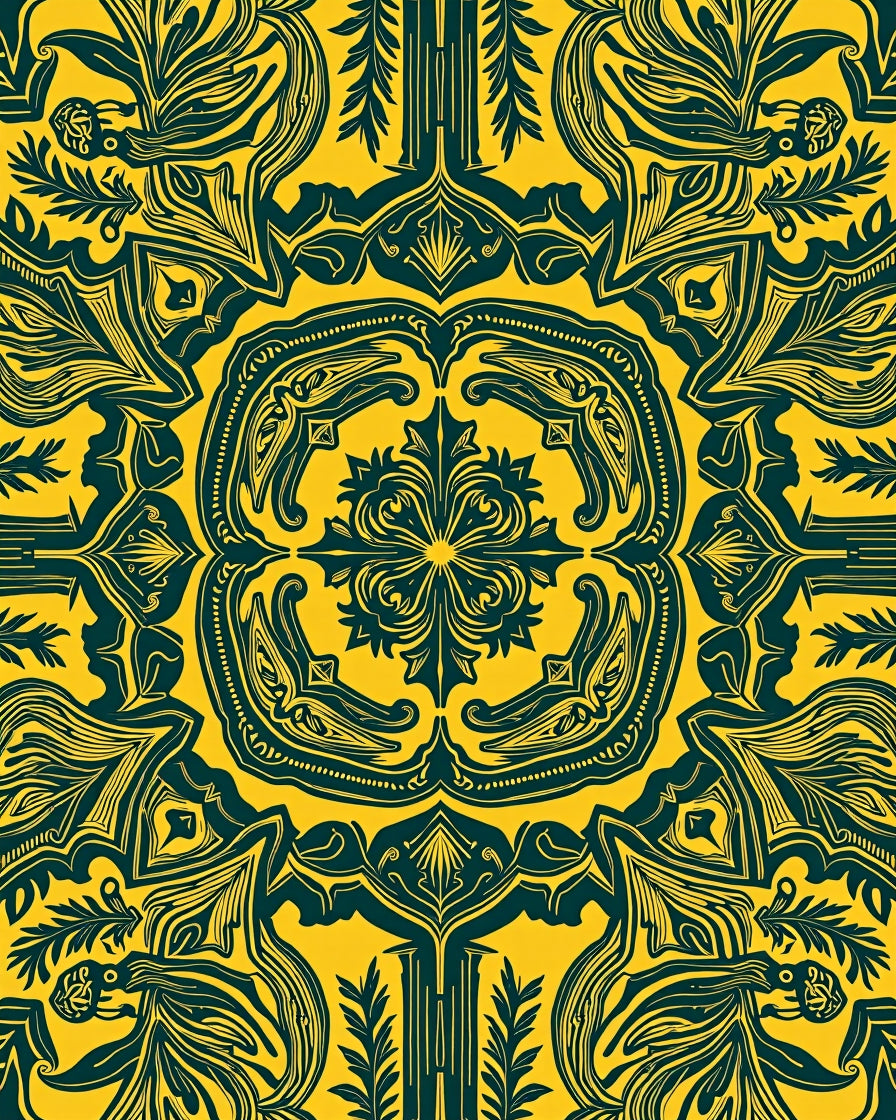 Stylized Yellow Dark Green Art Nouveau Rug