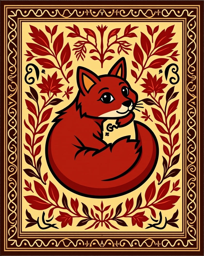 Red Fox Floral Border Design Rug